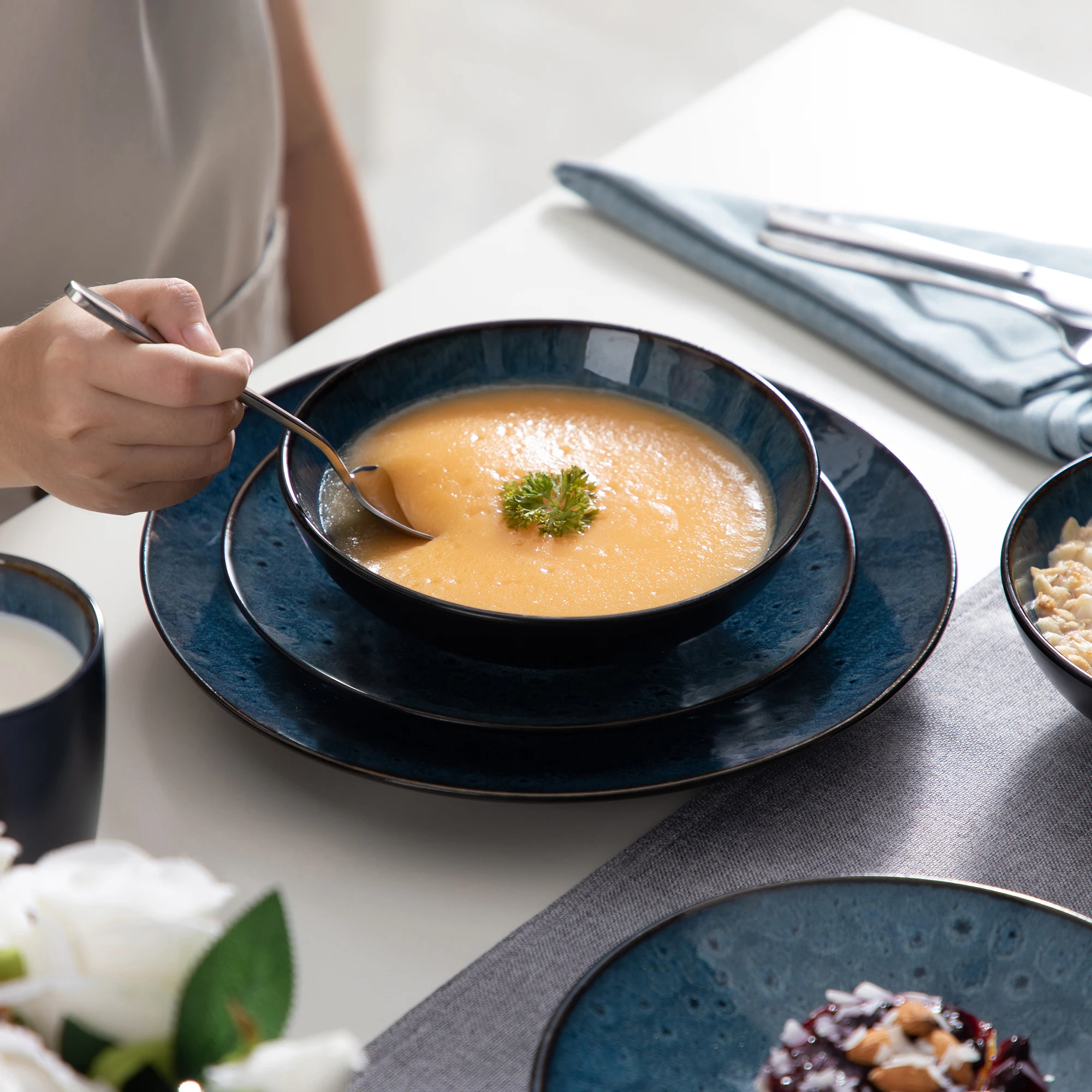 VANCASSO BUBBLE 16/32/48-Piece Tableware Set Vintage Ceramic Blue/Brown Stoneware Set with Dinner&Dessert Plate,Bowl,Coffee Cups - Image 25