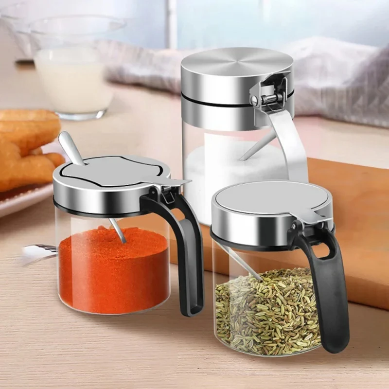 1Pcs Glass Seasoning Jar Stainless Steel Lid With Spoon Condiment Bottle Salt Shaker Kitchen Supplies Storage Set Spice Boxes - Image 3