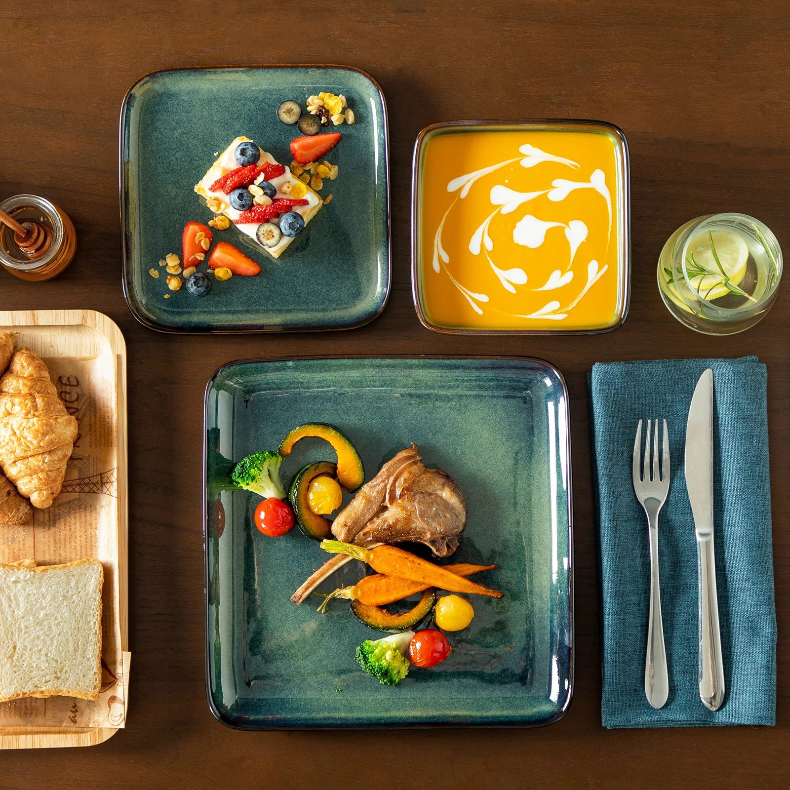 vancasso 12/24/36 Piece Ceramic Dinner Sets Square Green Reactive Glaze Tableware Set with 4/8/12pcs Dinner Plate/ Dessert/Bowl - Image 5