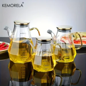 KEMORELA 1PCS Glass Diamond Oil Bottle 500/700/900ml with Scale and Handle Kitchen Soy Sauce Vinegar Condiment Storage Container