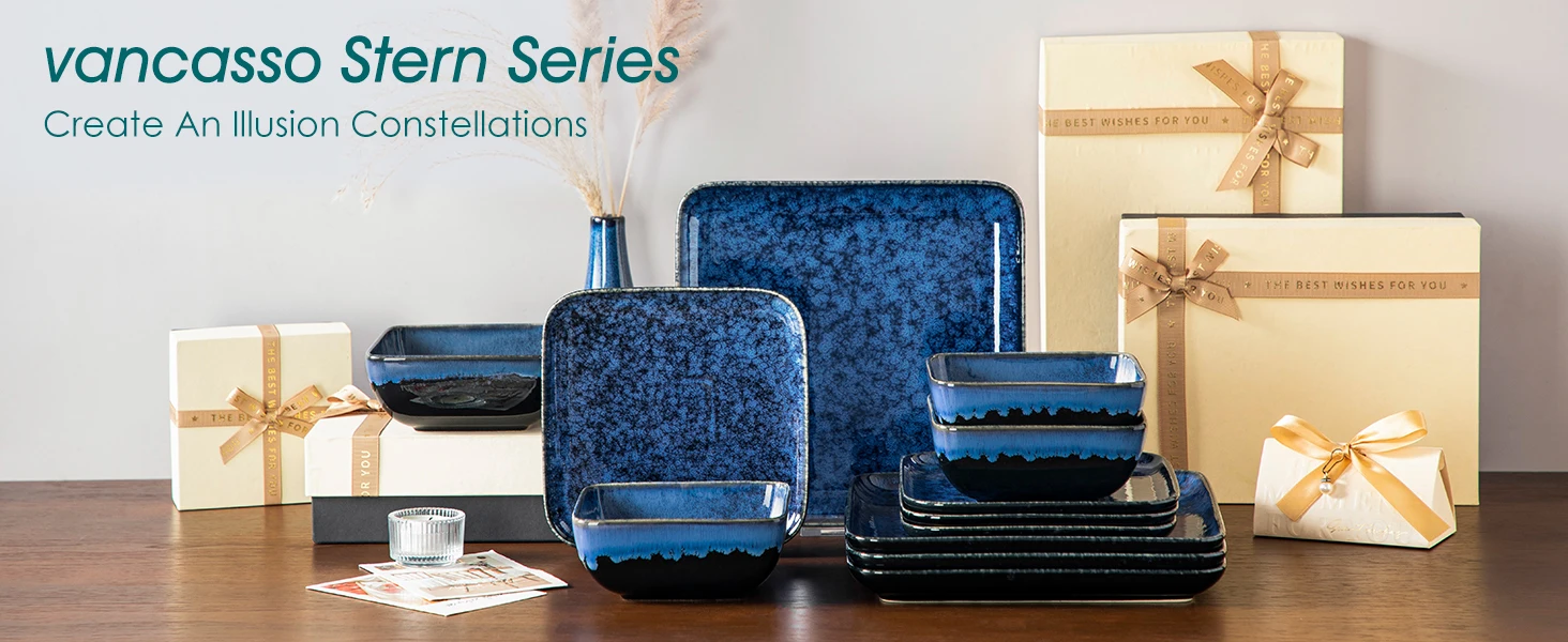 vancasso 12/24/36 Piece Ceramic Dinner Sets Square Blue Reactive Glaze Tableware Set with 4/8/12pcs Dinner Plate/ Dessert/Bowl - Image 7