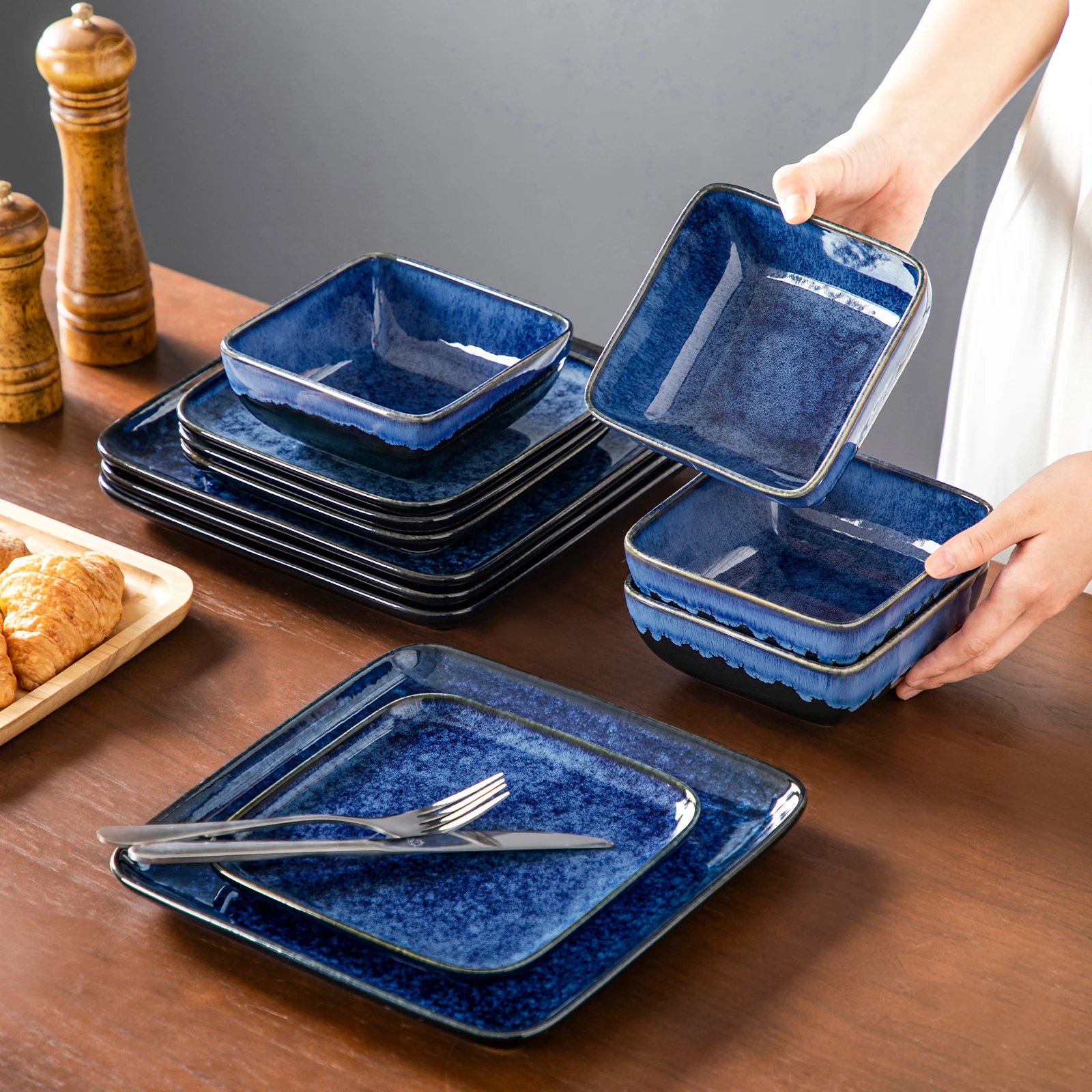 vancasso 12/24/36 Piece Ceramic Dinner Sets Square Blue Reactive Glaze Tableware Set with 4/8/12pcs Dinner Plate/ Dessert/Bowl - Image 8