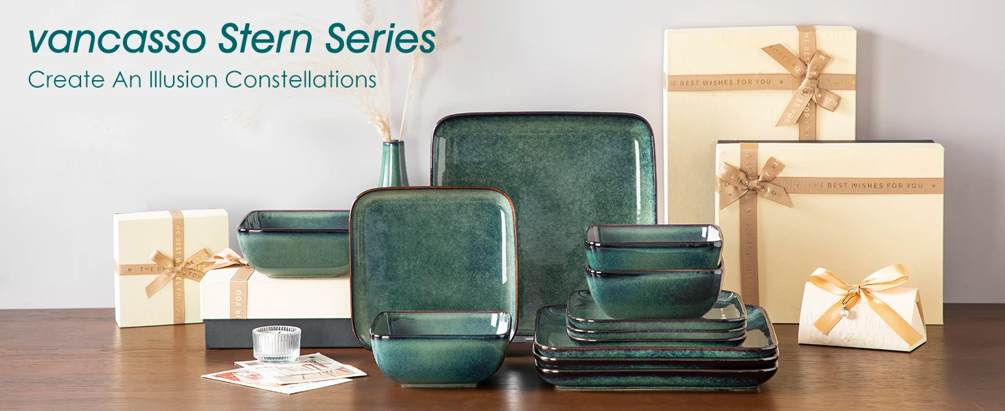 vancasso 12/24/36 Piece Ceramic Dinner Sets Square Green Reactive Glaze Tableware Set with 4/8/12pcs Dinner Plate/ Dessert/Bowl - Image 7