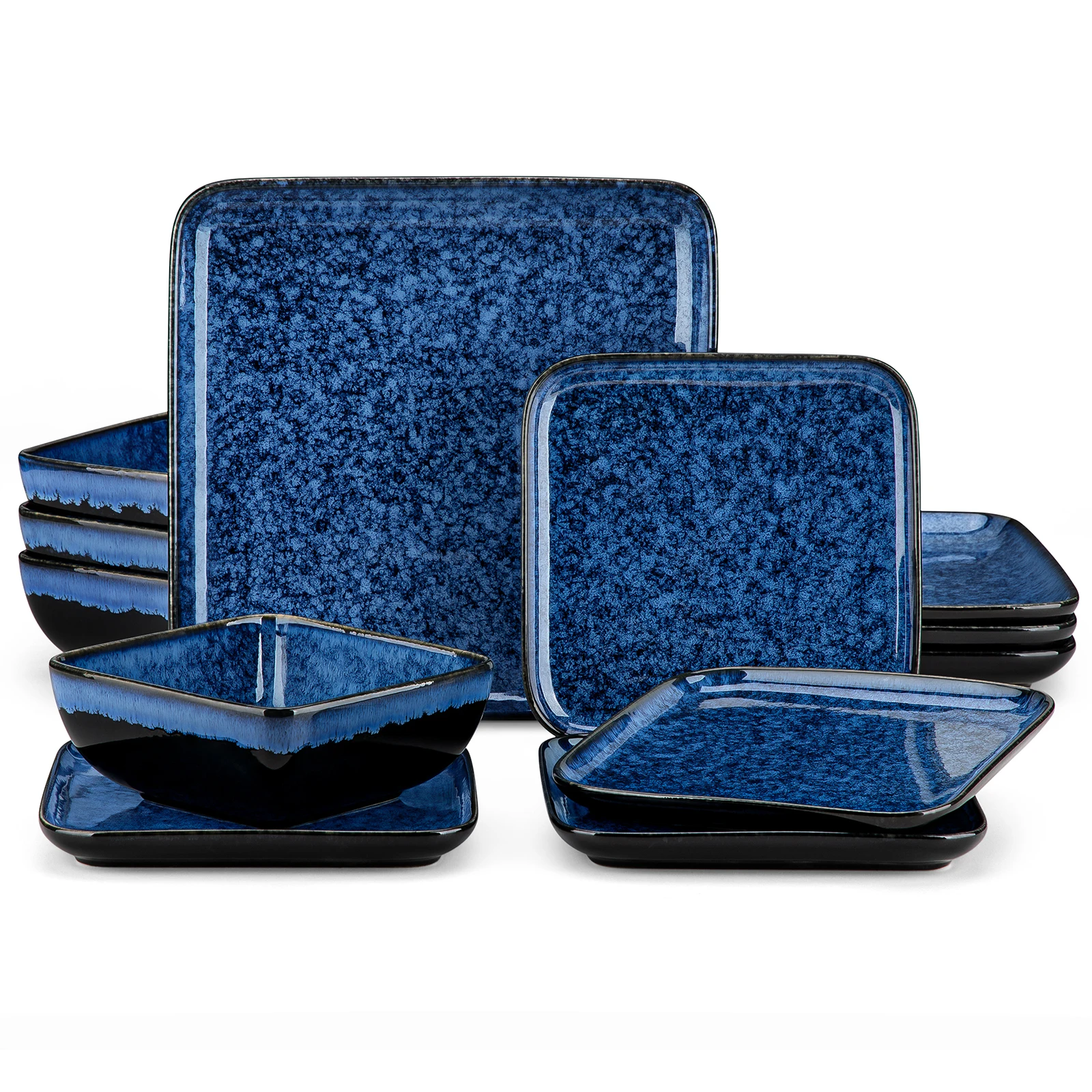 vancasso 12/24/36 Piece Ceramic Dinner Sets Square Blue Reactive Glaze Tableware Set with 4/8/12pcs Dinner Plate/ Dessert/Bowl