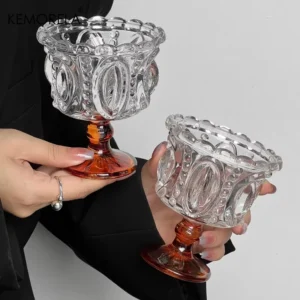 KEMORELA 1/2PCS Retro Embossed Tall Glass Cup Whiskey Mugs Black Crystal Home Creative Coffee Ice Cream Yogurt Dessert Goblet