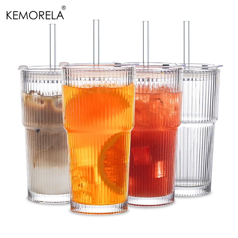 600ML Stripe Glass Coffee Cup With Lid and Without Cover Straw Transparent Drinking Glasses for Juice Iced Coffee Mugs Drinkware - Image 10