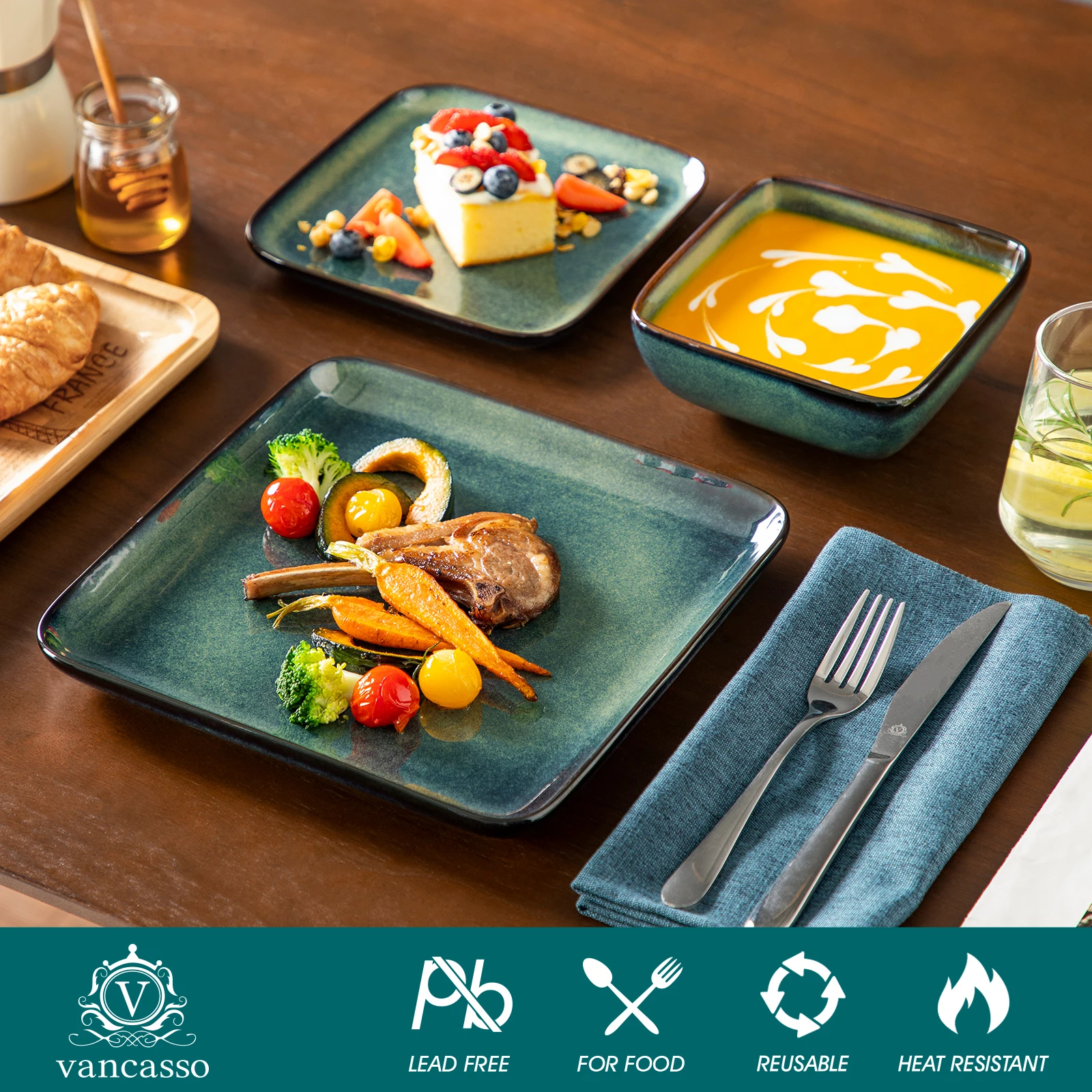 vancasso 12/24/36 Piece Ceramic Dinner Sets Square Green Reactive Glaze Tableware Set with 4/8/12pcs Dinner Plate/ Dessert/Bowl - Image 3