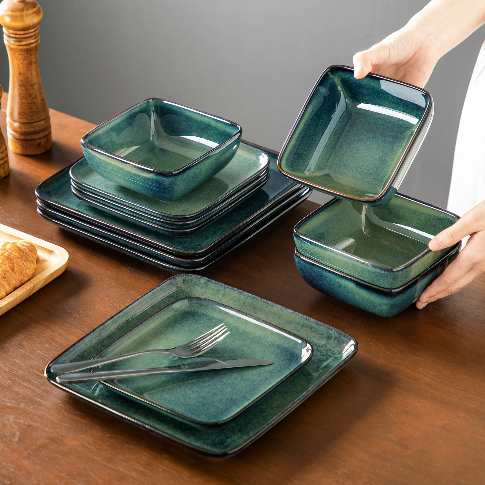vancasso 12/24/36 Piece Ceramic Dinner Sets Square Green Reactive Glaze Tableware Set with 4/8/12pcs Dinner Plate/ Dessert/Bowl - Image 6