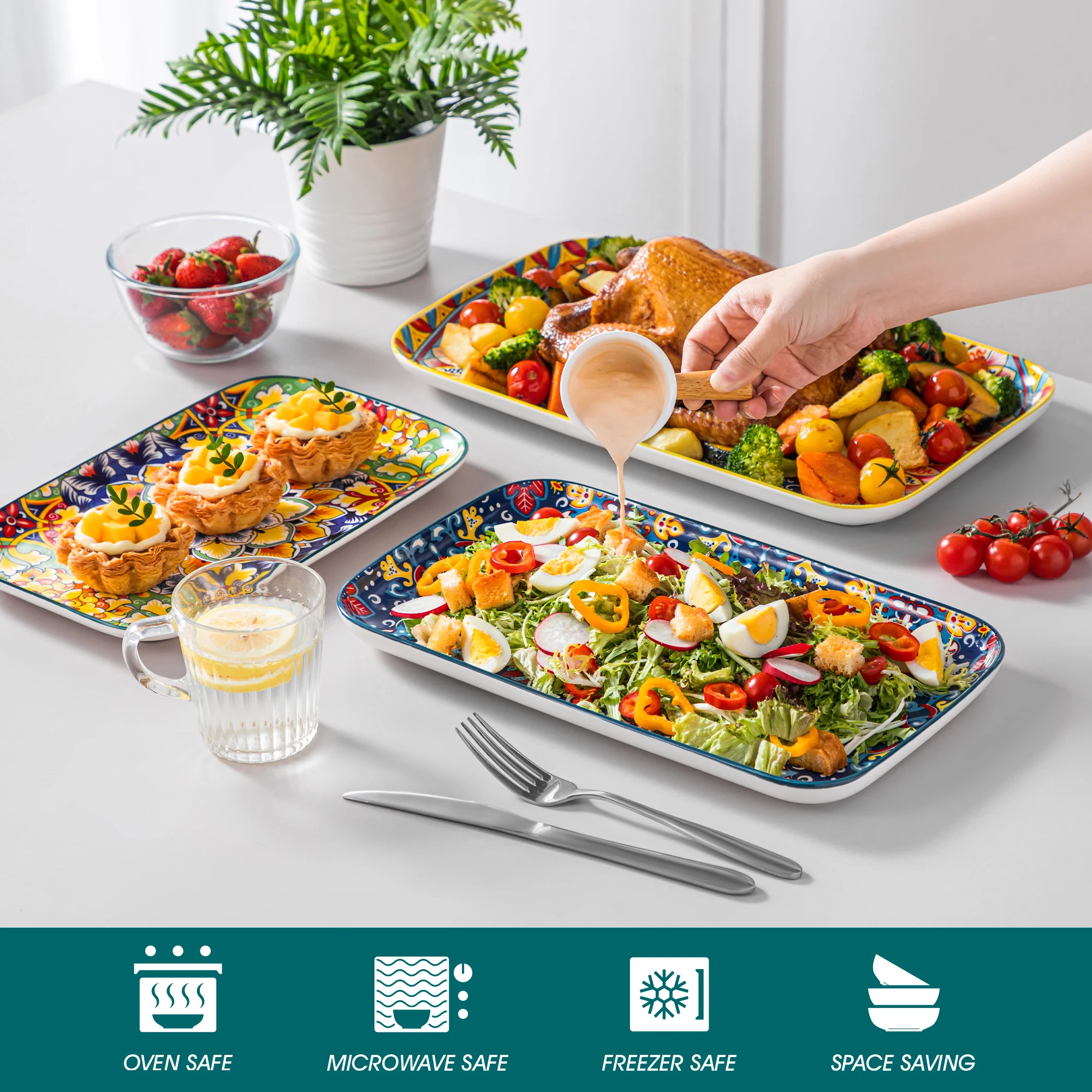 vancasso 3/6 Piece Long Plate Ceramic Salad Plates Set 3 size Rectangular Dessert Plates for Cake/Salad/Appetizer Oven Safe - Image 4