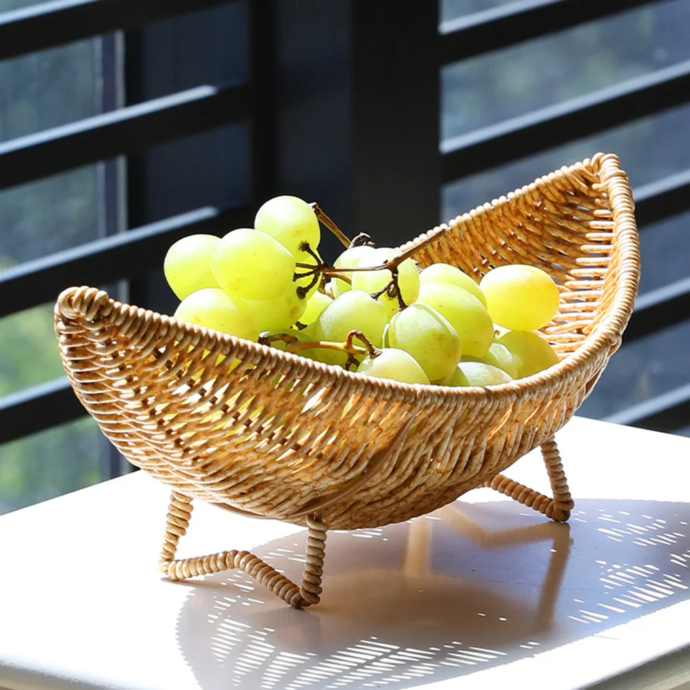 Rattan Fruit Bowl Tray For Coffee Table Basket Rattan Fruit Tray Hollow Drain Basket Fruit Plate Home Decor Storage Basket - Image 3