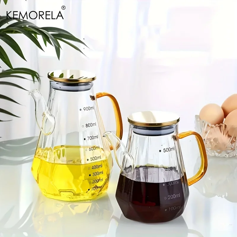 KEMORELA 1PCS Glass Diamond Oil Bottle 500/700/900ml with Scale and Handle Kitchen Soy Sauce Vinegar Condiment Storage Container - Image 3