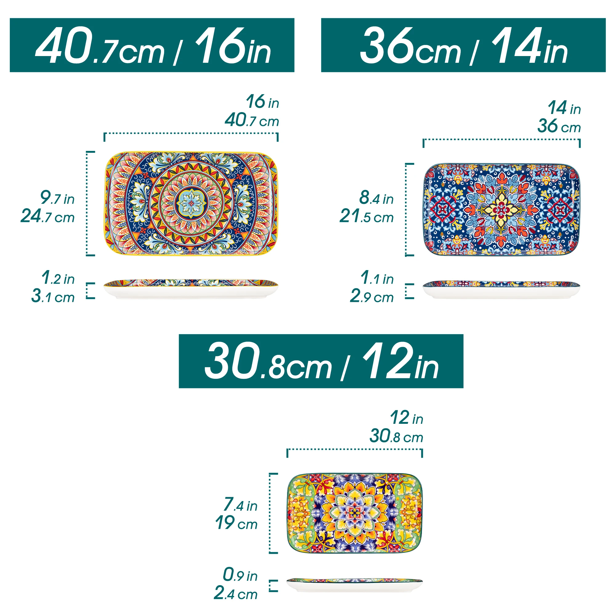 vancasso 3/6 Piece Long Plate Ceramic Salad Plates Set 3 size Rectangular Dessert Plates for Cake/Salad/Appetizer Oven Safe - Image 2