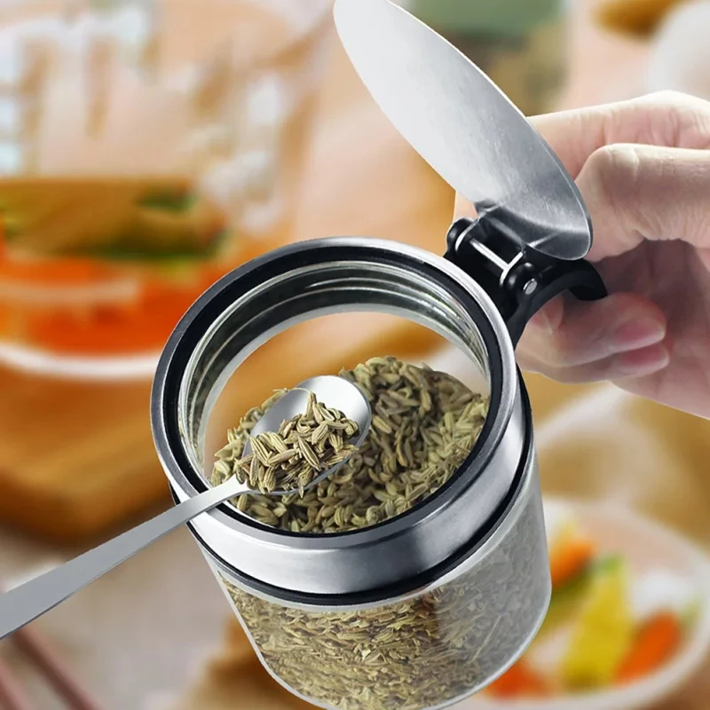 1Pcs Glass Seasoning Jar Stainless Steel Lid With Spoon Condiment Bottle Salt Shaker Kitchen Supplies Storage Set Spice Boxes - Image 5
