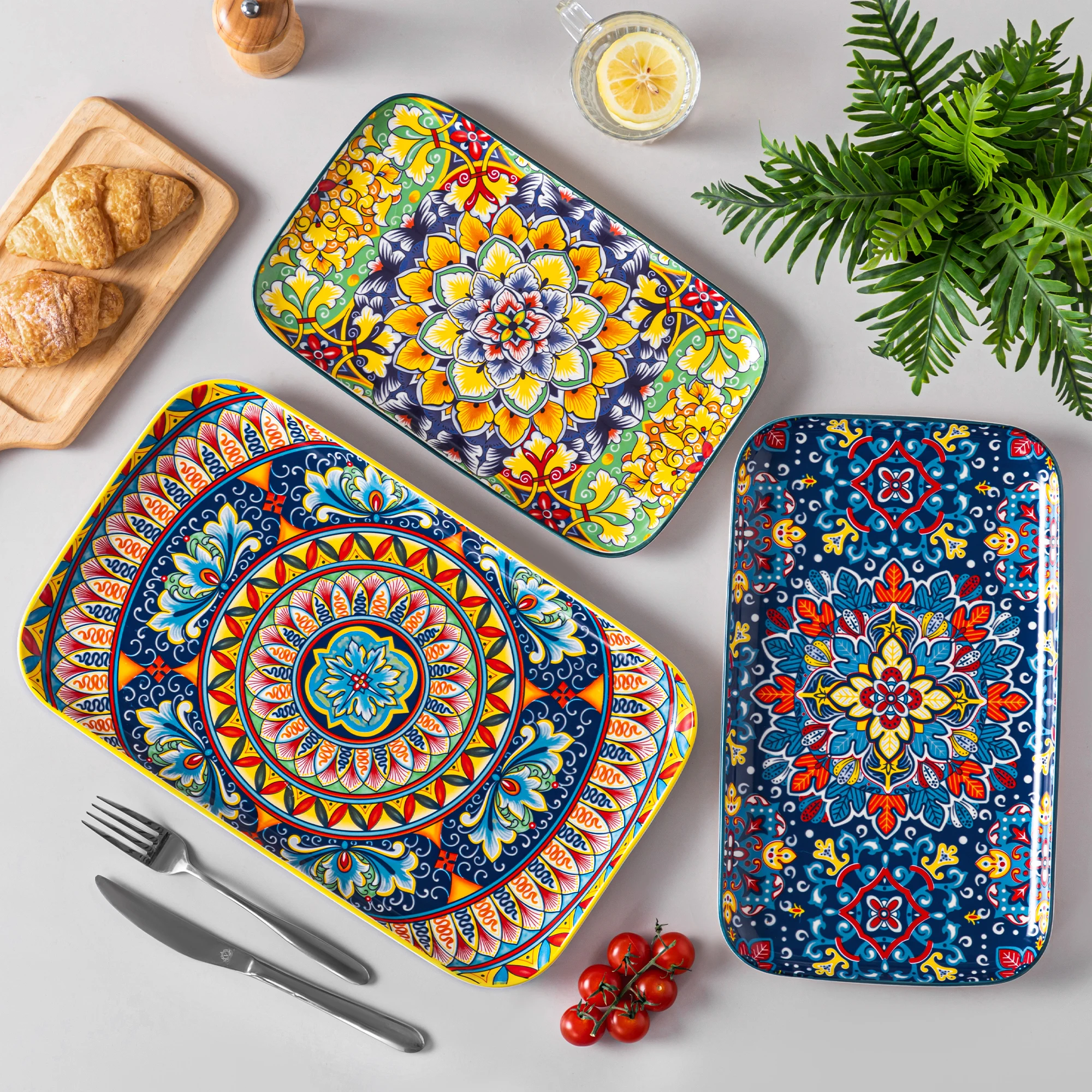 vancasso 3/6 Piece Long Plate Ceramic Salad Plates Set 3 size Rectangular Dessert Plates for Cake/Salad/Appetizer Oven Safe