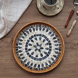 Hand Woven Mosaic Tray Decorative Round Rattan Serving With Mother Of Pearl Inlay For Snacks Dried Fruit Plate Home Ornamen 917