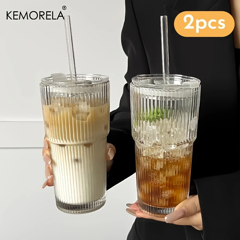 600ML Stripe Glass Coffee Cup With Lid and Without Cover Straw Transparent Drinking Glasses for Juice Iced Coffee Mugs Drinkware - Image 9