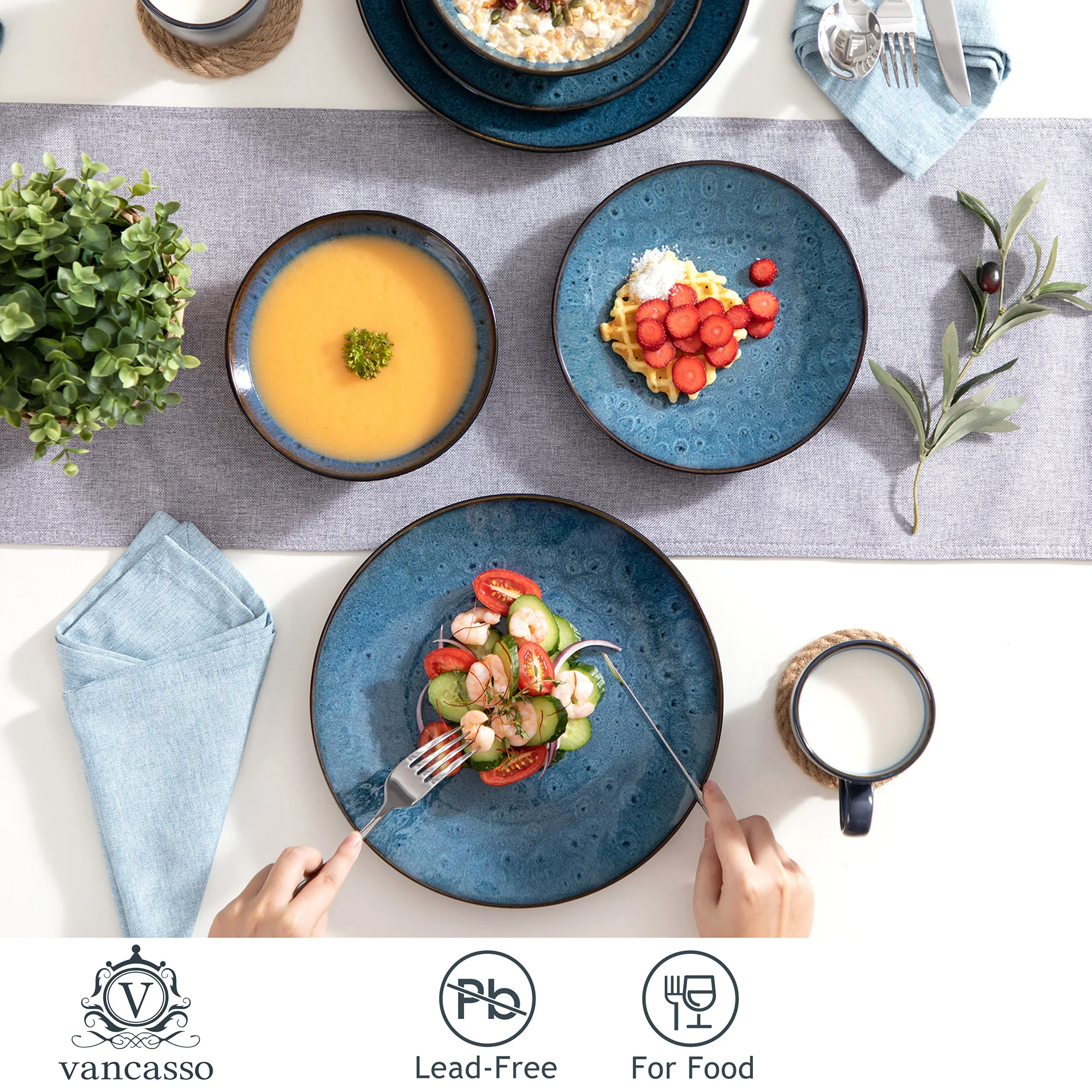 VANCASSO BUBBLE 16/32/48-Piece Tableware Set Vintage Ceramic Blue/Brown Stoneware Set with Dinner&Dessert Plate,Bowl,Coffee Cups - Image 4