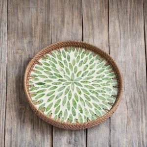 Round Rattan Tray Rattan Tray Green Small Leaves Wooden Base Decorative Wicker Basket For Table Decoration Fruit Tray