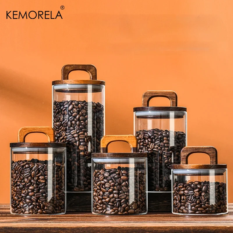 Wood Lid Glass jar Airtight Canister Food Container Tea Coffee Beans Kitchen Storage Bottles Jar Sealed Grounds Candy Jar - Image 2
