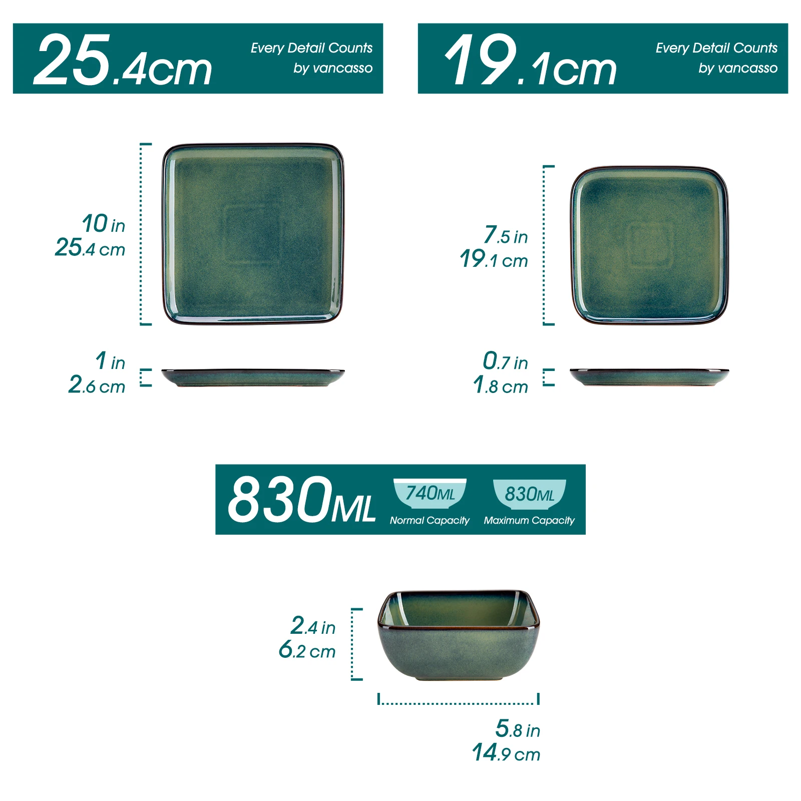 vancasso 12/24/36 Piece Ceramic Dinner Sets Square Green Reactive Glaze Tableware Set with 4/8/12pcs Dinner Plate/ Dessert/Bowl - Image 2