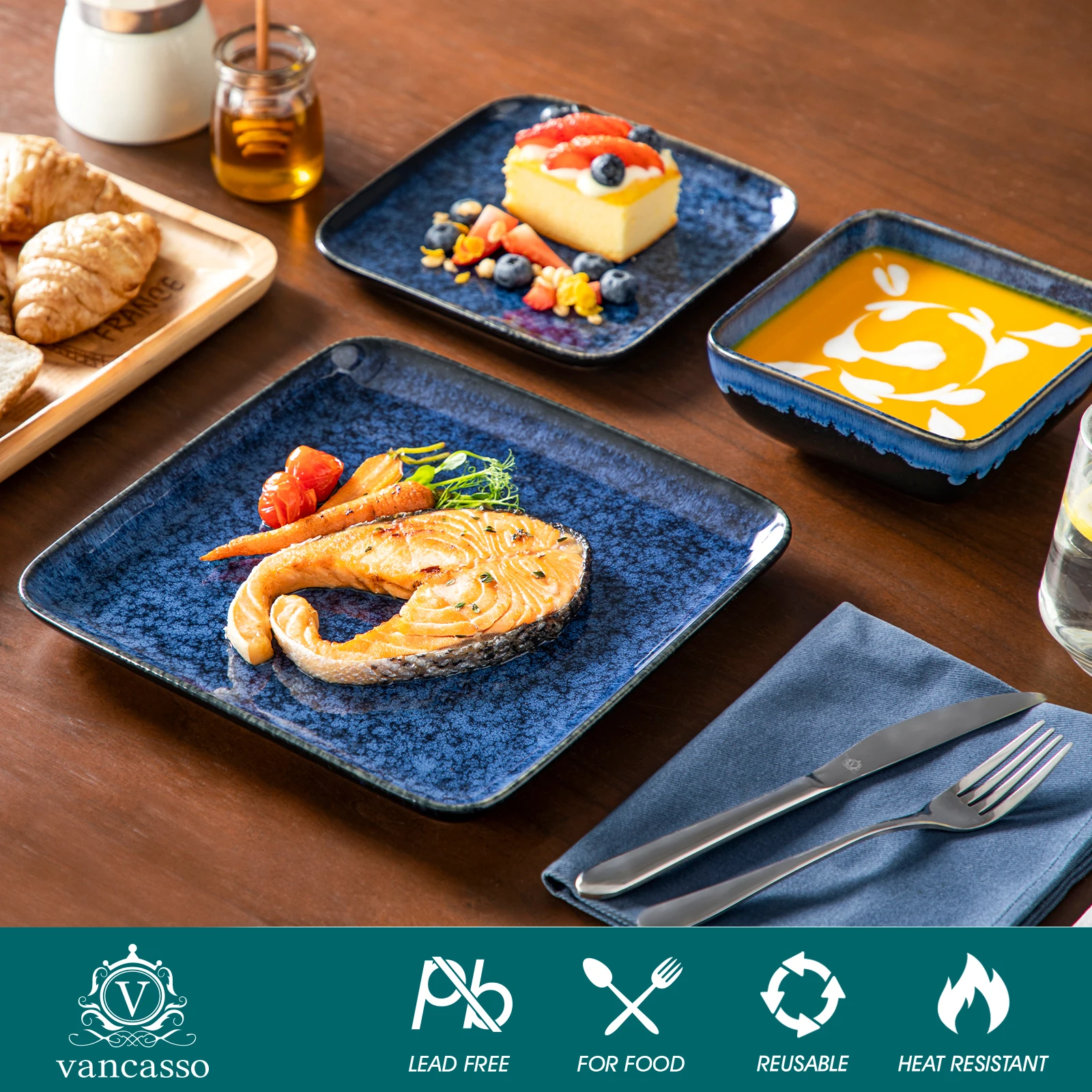 vancasso 12/24/36 Piece Ceramic Dinner Sets Square Blue Reactive Glaze Tableware Set with 4/8/12pcs Dinner Plate/ Dessert/Bowl - Image 3