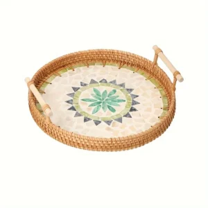 Vietnamese Rattan Woven Tray with Colorful Seashells - Snack, Fruit, Dessert Serving Basket | Boho Beach Style Home Dec
