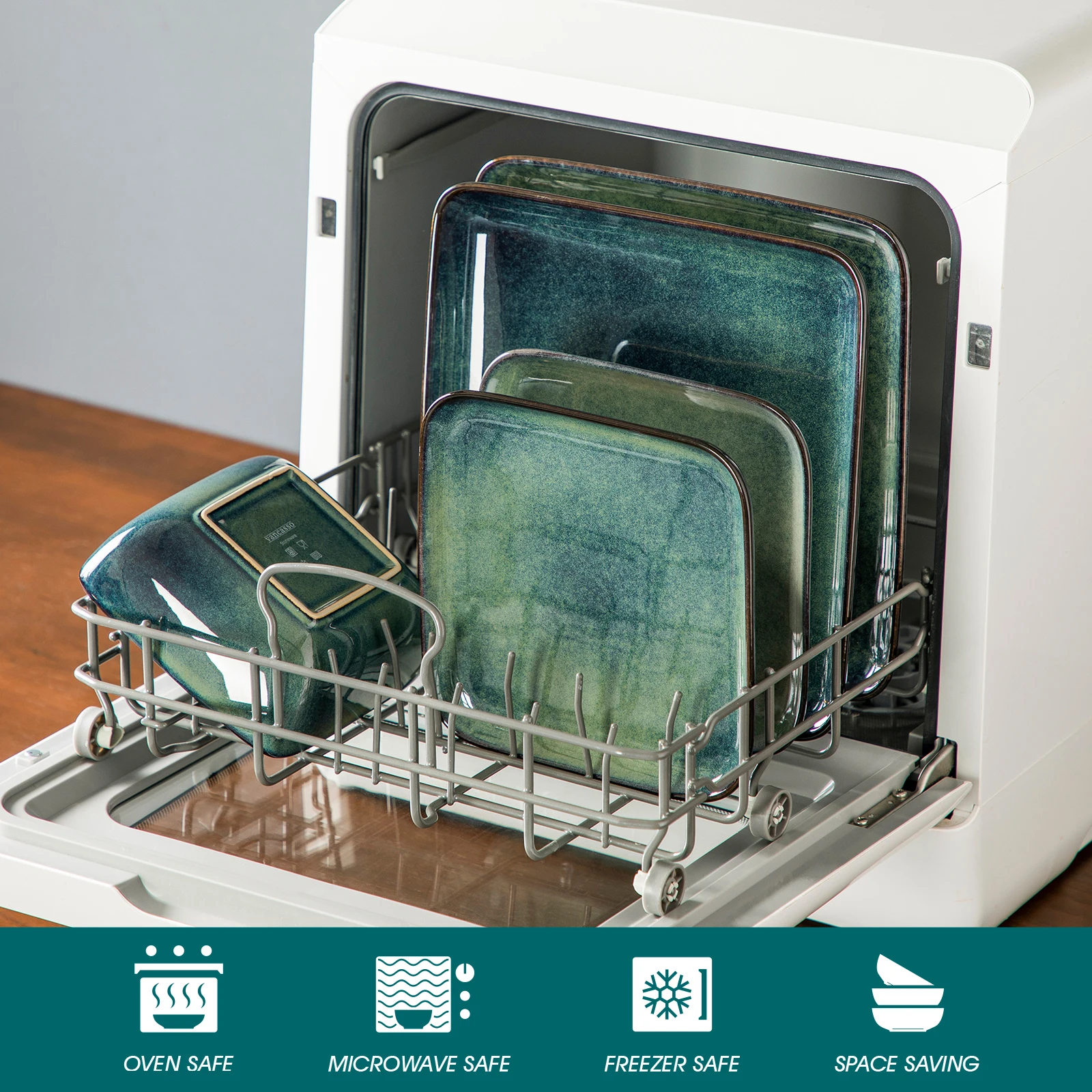 vancasso 12/24/36 Piece Ceramic Dinner Sets Square Green Reactive Glaze Tableware Set with 4/8/12pcs Dinner Plate/ Dessert/Bowl - Image 4