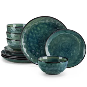 vancasso 12/24 Pcs Green Ceramic Plates Set Kiln Change Stoneware Dinner Set with 4PCS Dinner Plate/Dessert/Cereal Bowl for 4/8
