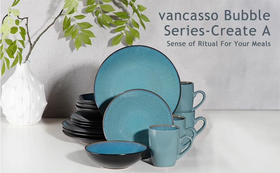 VANCASSO BUBBLE 16/32/48-Piece Tableware Set Vintage Ceramic Blue/Brown Stoneware Set with Dinner&Dessert Plate,Bowl,Coffee Cups - Image 16