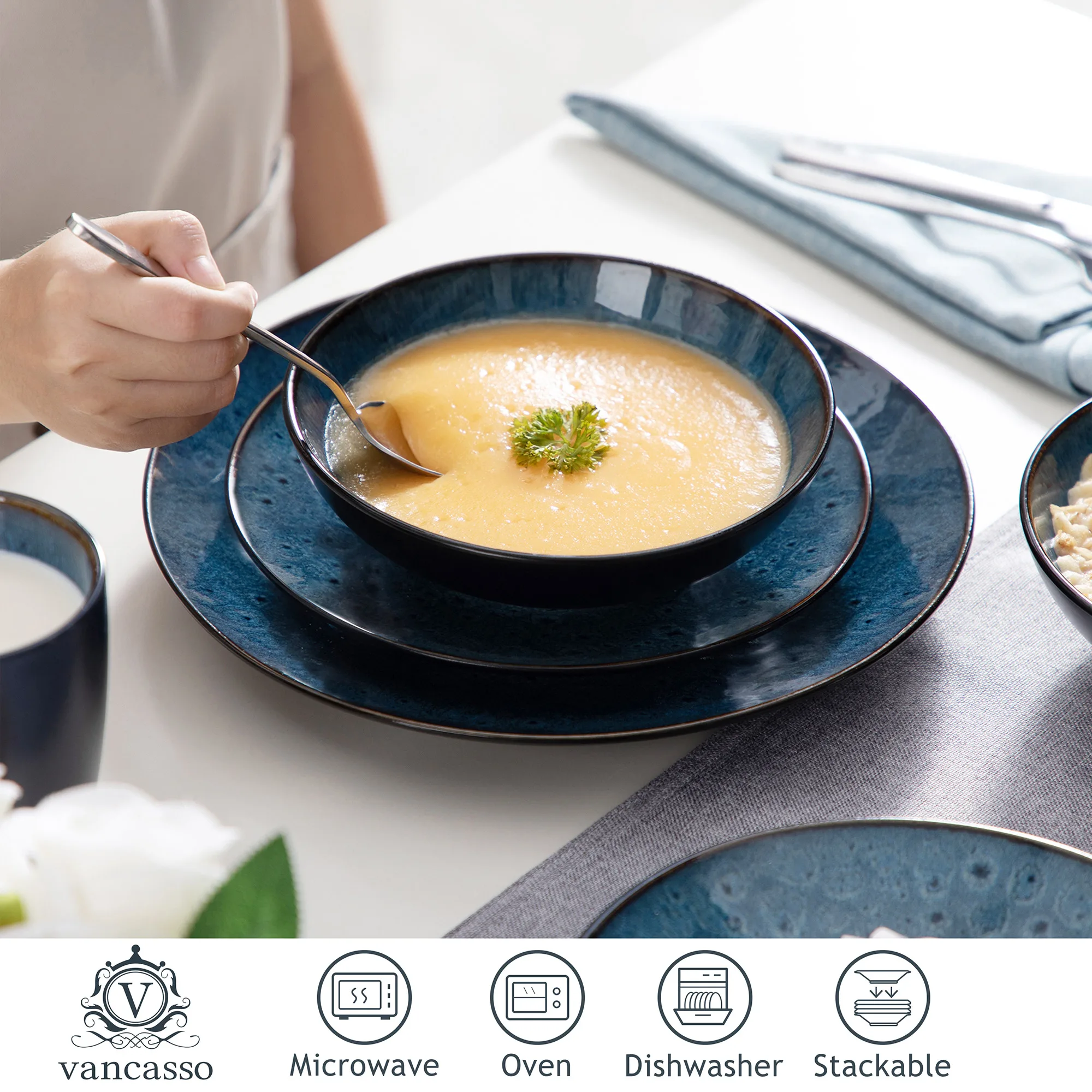 VANCASSO BUBBLE 16/32/48-Piece Tableware Set Vintage Ceramic Blue/Brown Stoneware Set with Dinner&Dessert Plate,Bowl,Coffee Cups - Image 5