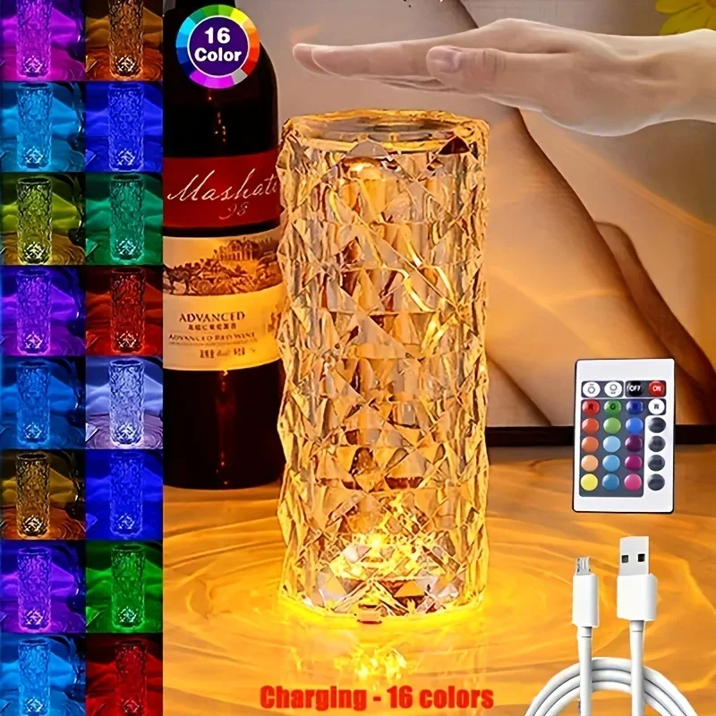 Crystal Lamp 16-Color Changing RGB Night Light Touch Lamp USB Romantic LED Rose Table Lamps For Bedroom Party Dinner Decor Light