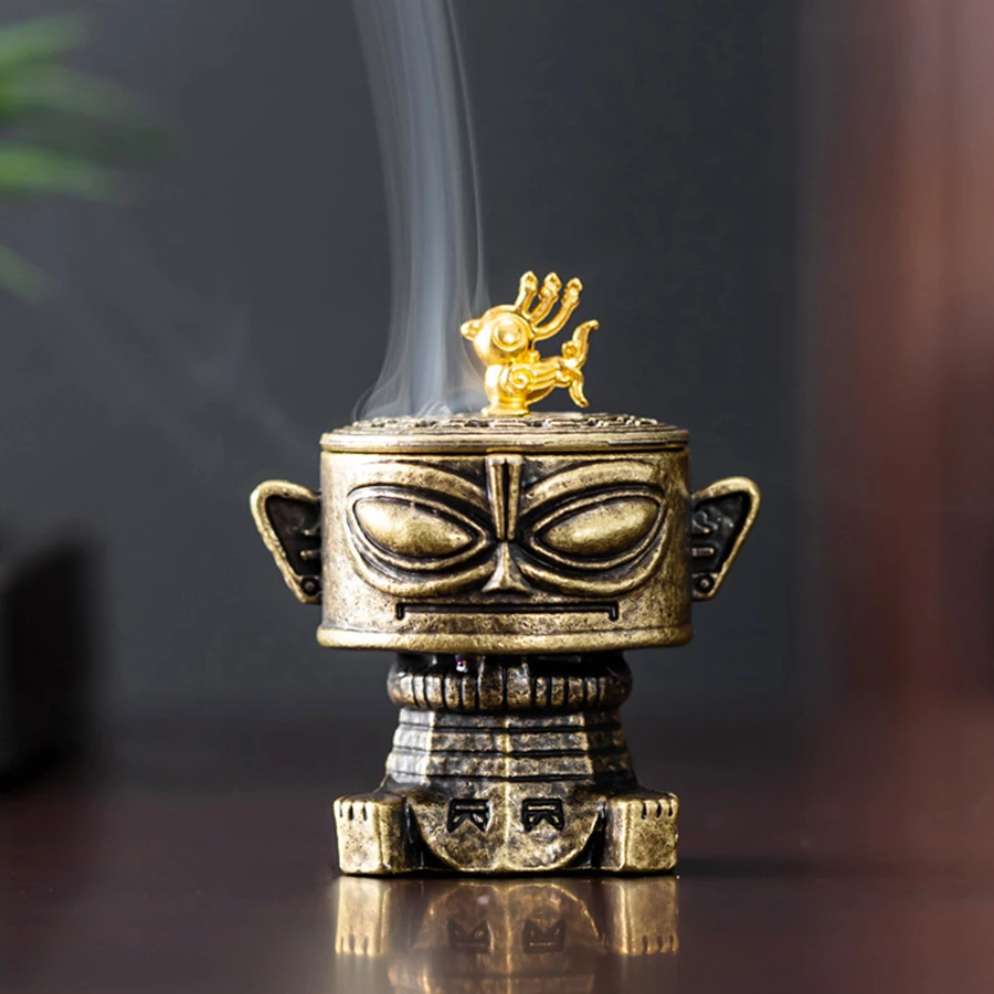 Sanxingdui Alloy Incense Burner - Mini Vintage Holder for Meditation, Cones & Coils, Retro Home Decor Gift