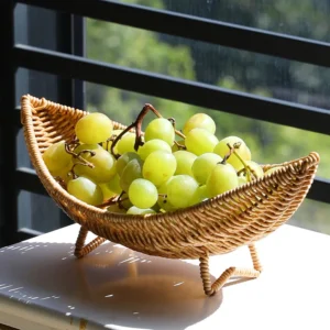 Rattan Fruit Bowl Tray For Coffee Table Basket Rattan Fruit Tray Hollow Drain Basket Fruit Plate Home Decor Storage Basket
