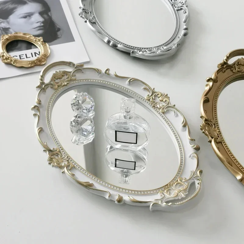 European Decorative Plate Storage Tray Portable Oval Plate Jewelry Display Decor Candy Tray Vintage Make Up Mirror - Image 2