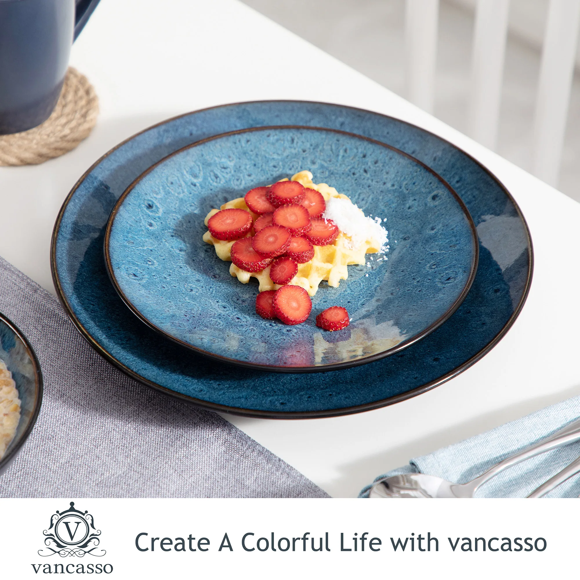 VANCASSO BUBBLE 16/32/48-Piece Tableware Set Vintage Ceramic Blue/Brown Stoneware Set with Dinner&Dessert Plate,Bowl,Coffee Cups - Image 3