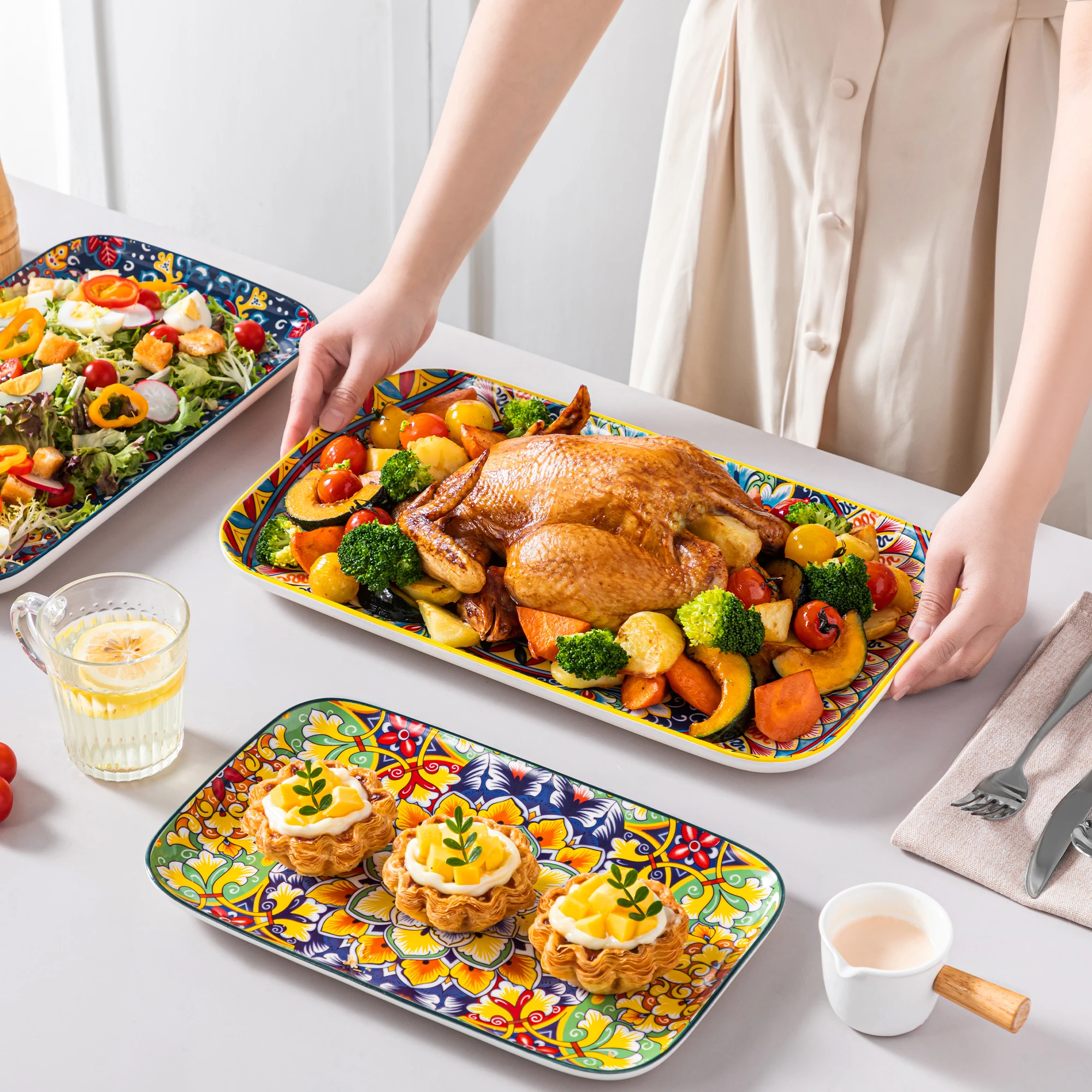 vancasso 3/6 Piece Long Plate Ceramic Salad Plates Set 3 size Rectangular Dessert Plates for Cake/Salad/Appetizer Oven Safe - Image 5