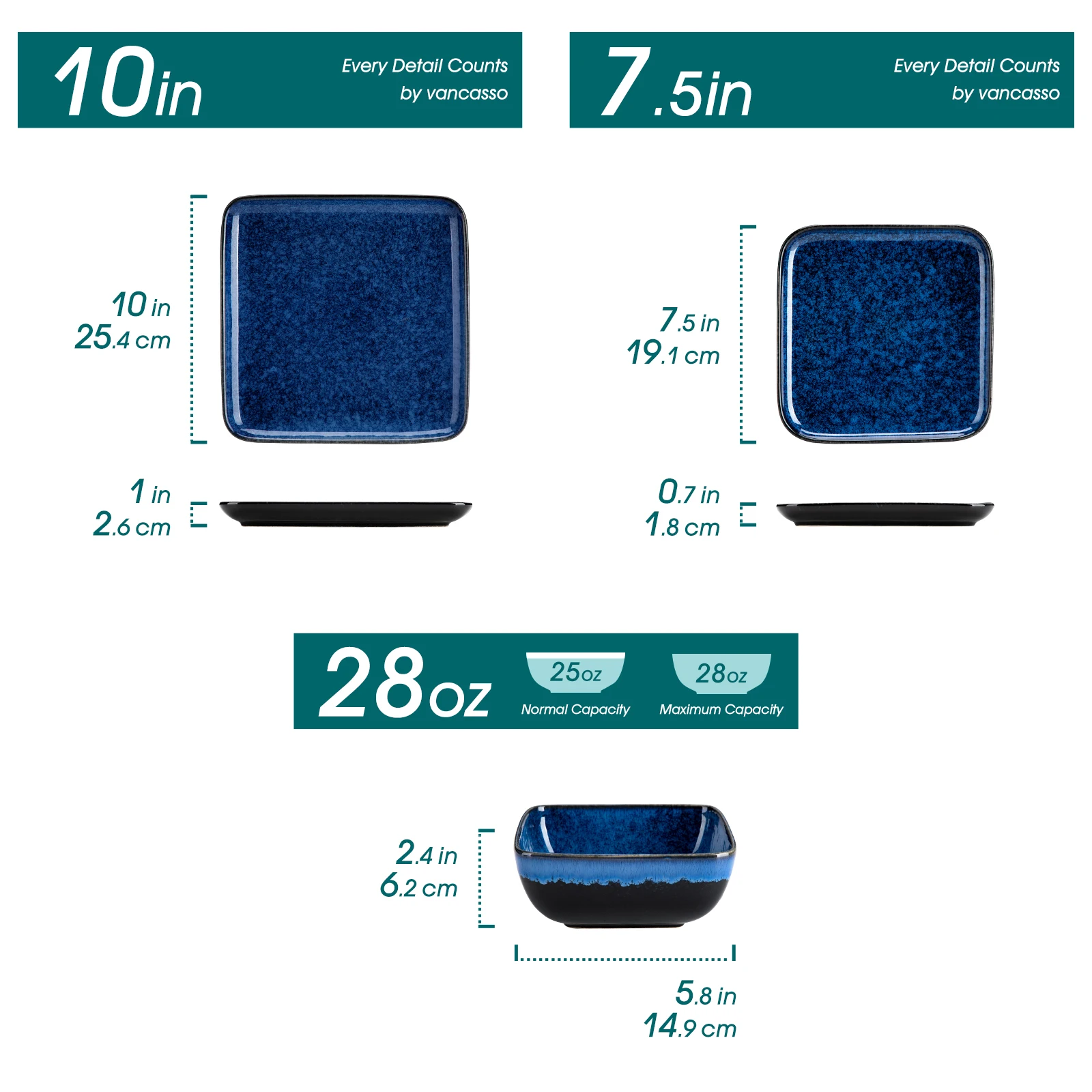 vancasso 12/24/36 Piece Ceramic Dinner Sets Square Blue Reactive Glaze Tableware Set with 4/8/12pcs Dinner Plate/ Dessert/Bowl - Image 2